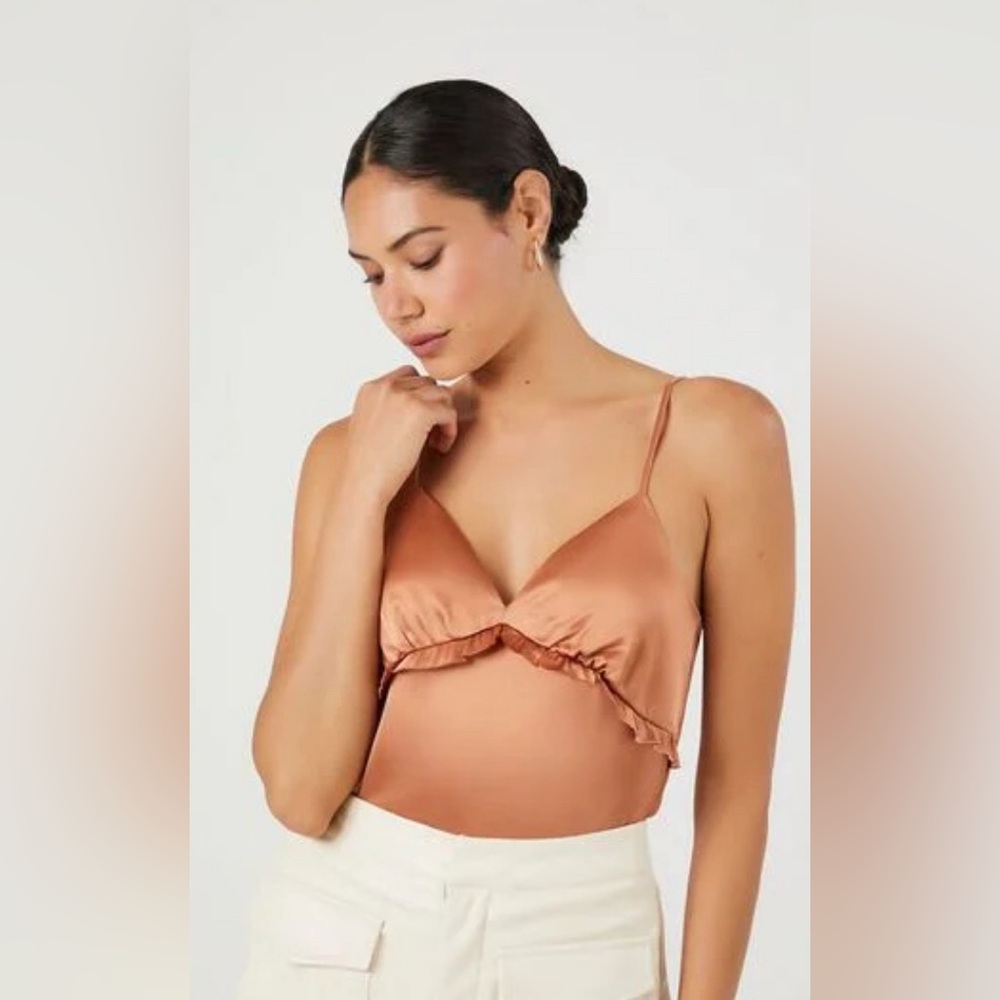 NWT Forever 21 Satin Ruffle Trim Toasted Almond Bodysuit Size Medium
